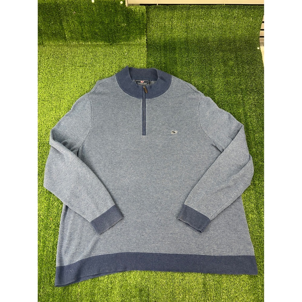 Vineyard Vines Mens 3XB Blue Textured Knit Quarter Zip Pullover Sweater Whale